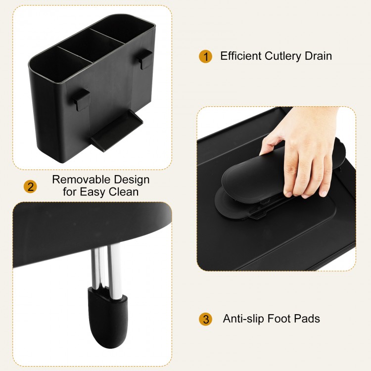 Stainless steel expandable dish rack with removable cutlery holder and anti-slip foot pads for organized kitchen drying.