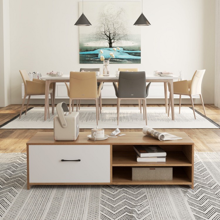TV stand with spacious tabletop, large drawer, and 2 open shelves, perfect for living room organization and TV display.