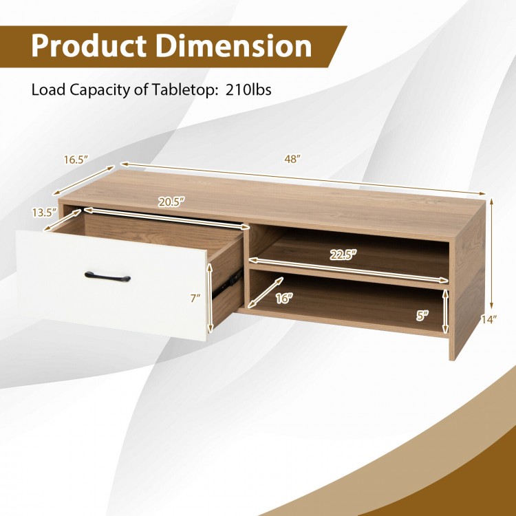 TV stand dimensions with 2 open shelves and a drawer, suitable for 55-inch TVs, offering ample storage and easy.