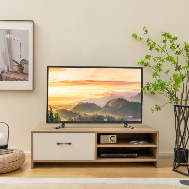 TV stand with spacious tabletop, 2 open shelves, and a drawer, accommodating up to 55-inch TVs for versatile storage.
