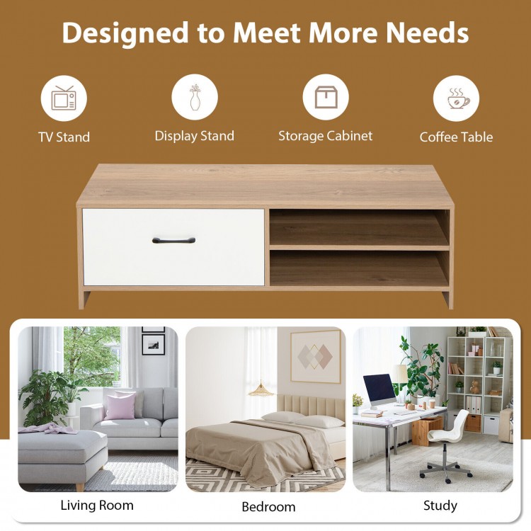 TV stand with 2 open shelves and a drawer, suitable for 55-inch TVs, ideal for living room, bedroom, or study.