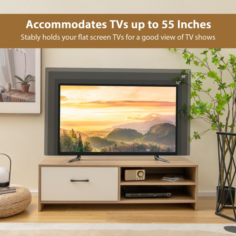 TV stand with spacious tabletop and large drawer, accommodates TVs up to 55 inches, ideal for living room storage.