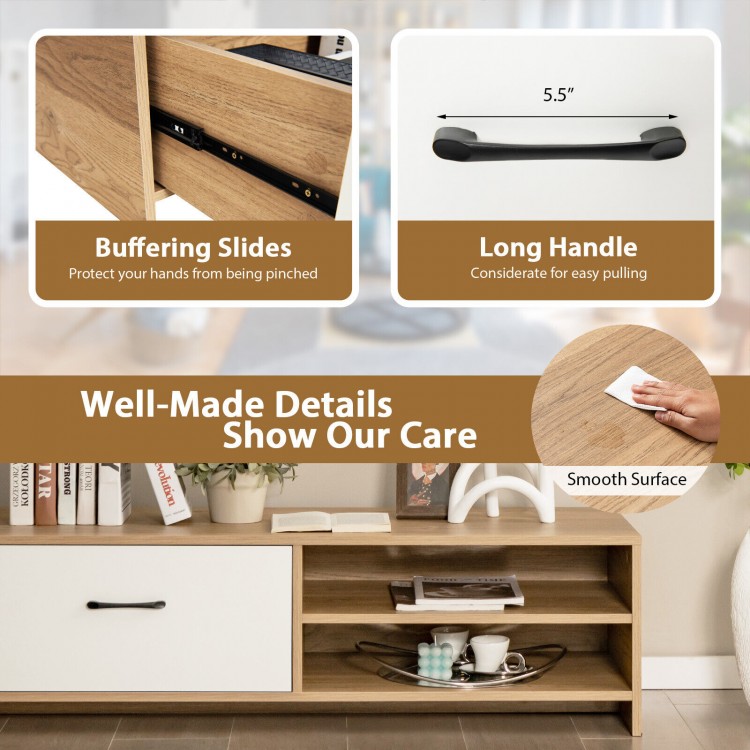 Close-up of the TV stand's smooth surface and long handle, featuring buffering slides for safety and easy access.