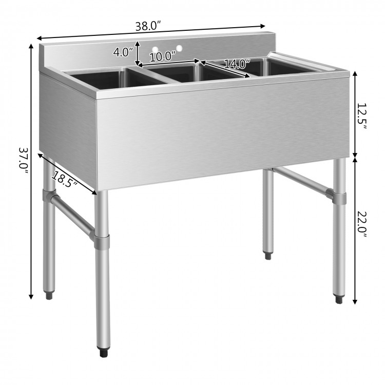 Three-compartment stainless steel utility sink with high backsplash and adjustable legs, perfect for various kitchen.