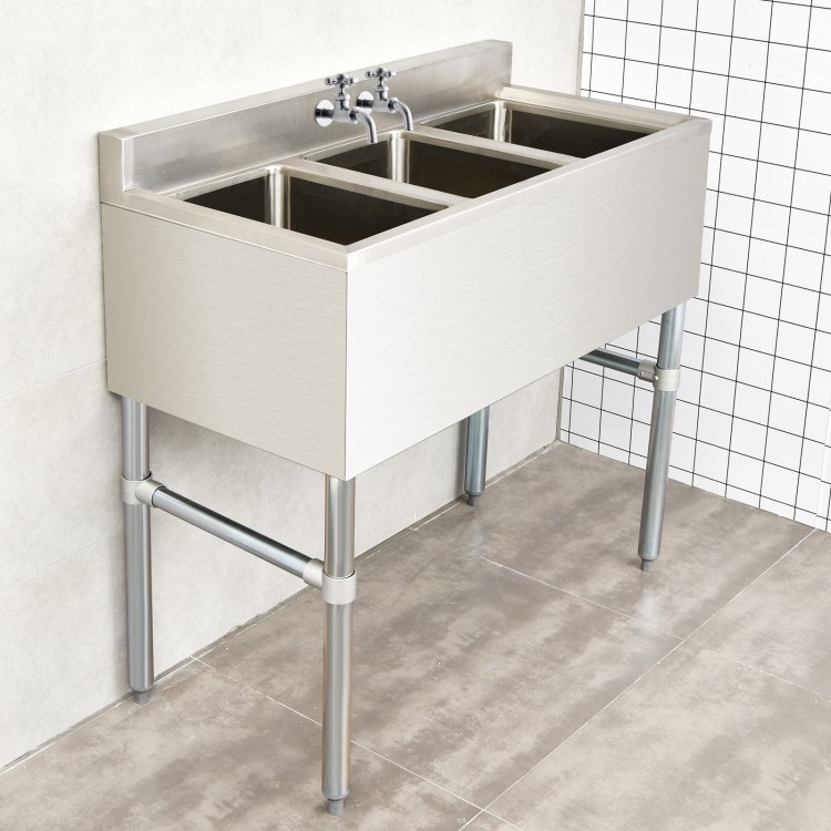 Three-compartment stainless steel utility sink with a sleek design, featuring a high backsplash and durable 304.