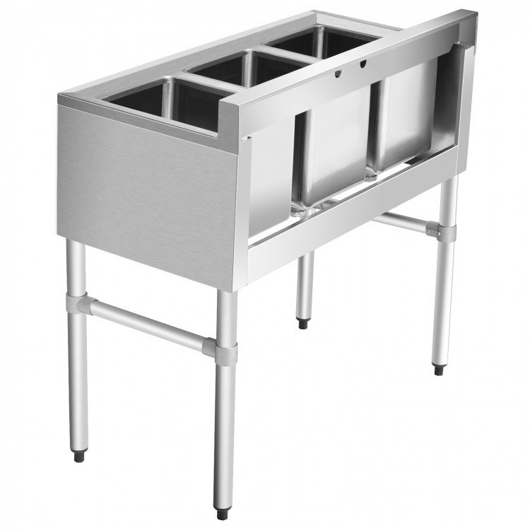Stainless steel utility sink with three compartments, adjustable legs, and high backsplash for commercial kitchen use.