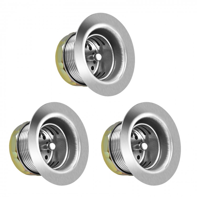 Stainless steel basket strainer drains for a 3-compartment commercial kitchen sink, ensuring efficient drainage.