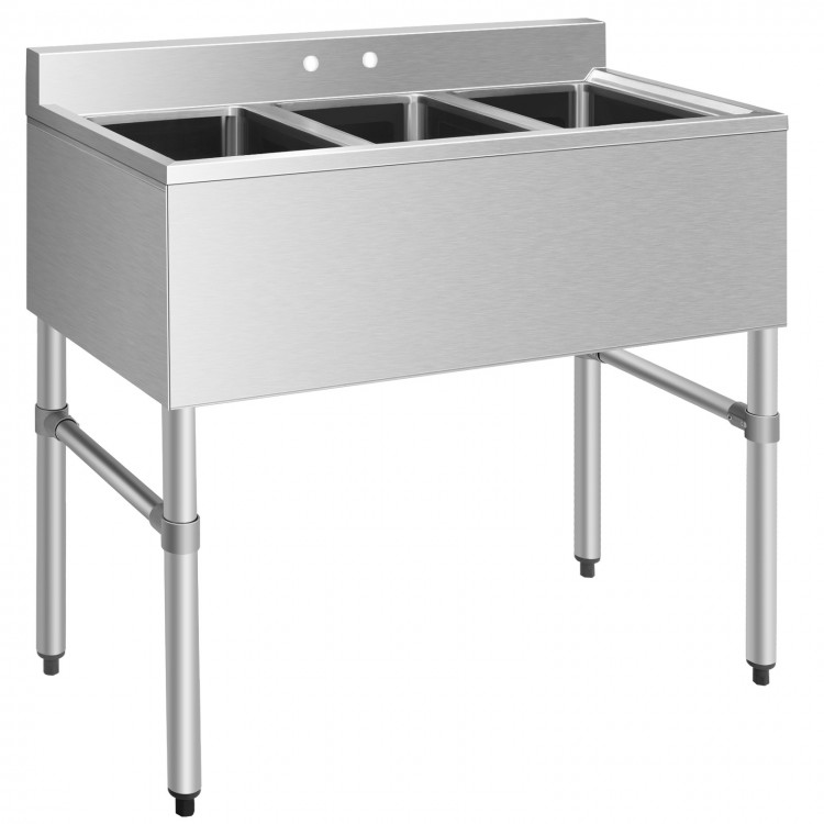 Stainless steel utility sink showcasing three spacious compartments and a high backsplash, designed for efficient.