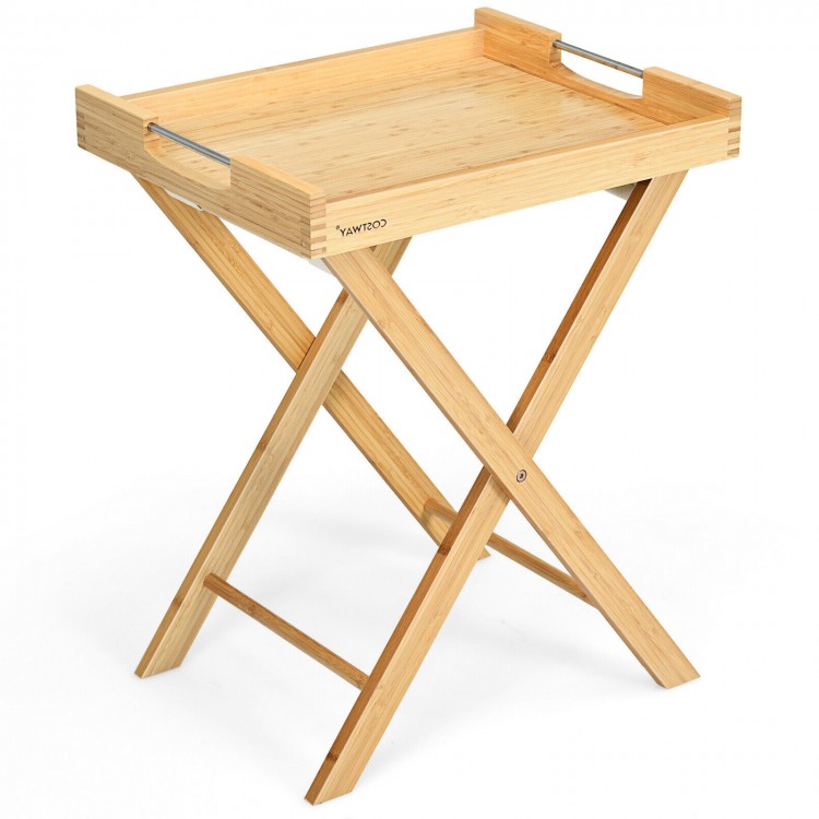 Bamboo lipped snack side table with removable tray and folding base, perfect for coffee or outdoor dining.
