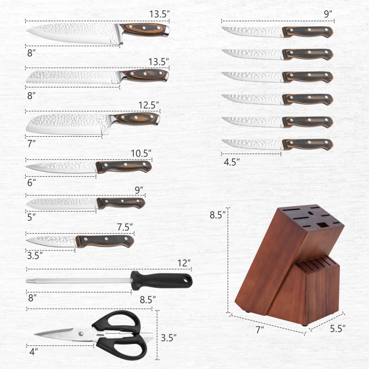 15-piece stainless steel knife block set with ergonomic handles, including chef knife, sharpener, and kitchen shears.
