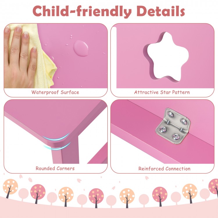 Child-friendly pink kids desk features waterproof surface, rounded corners, and reinforced connections for safety and.