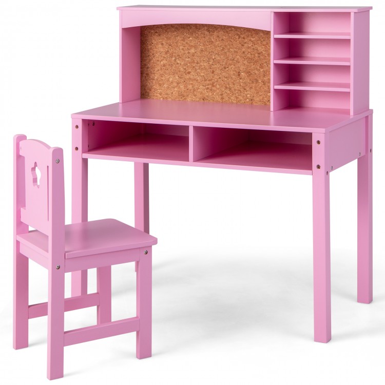 Pink kids desk and chair set with hutch, cork bulletin board, and open drawers for storage, ideal for studying and.