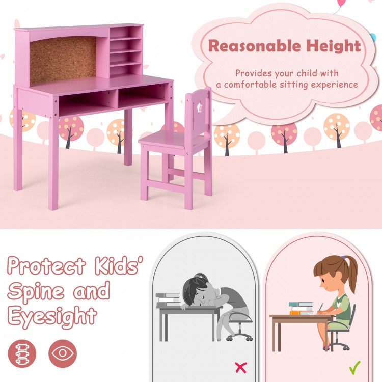 Kids desk and chair set in pink with hutch and bulletin board, designed for stability and ample storage for children.