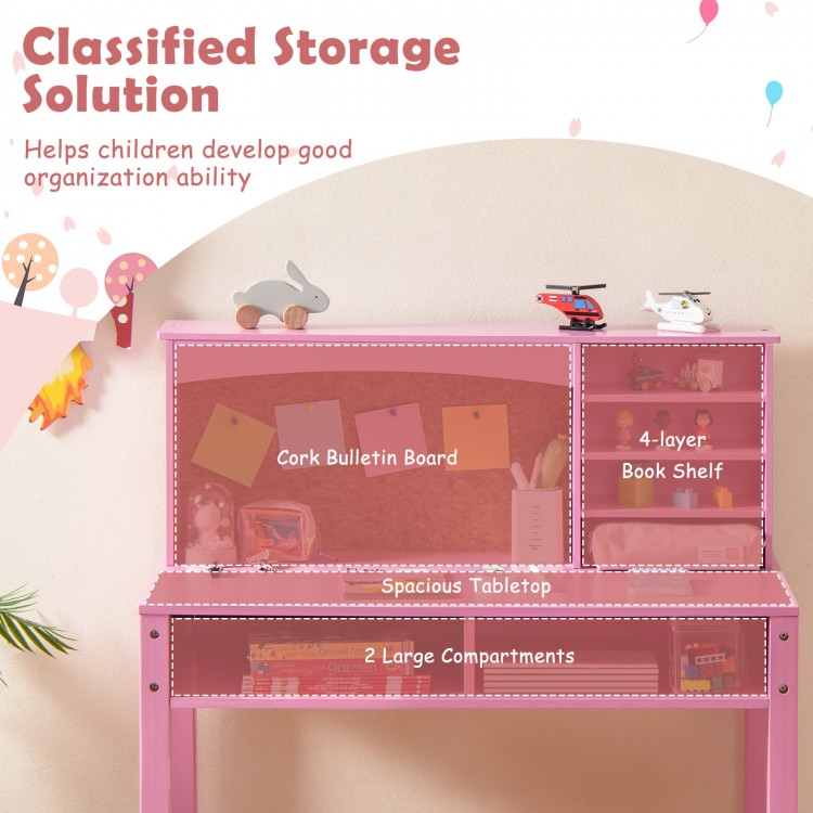 Kids desk and chair set in pink with hutch, cork bulletin board, and spacious tabletop for organization and creativity.