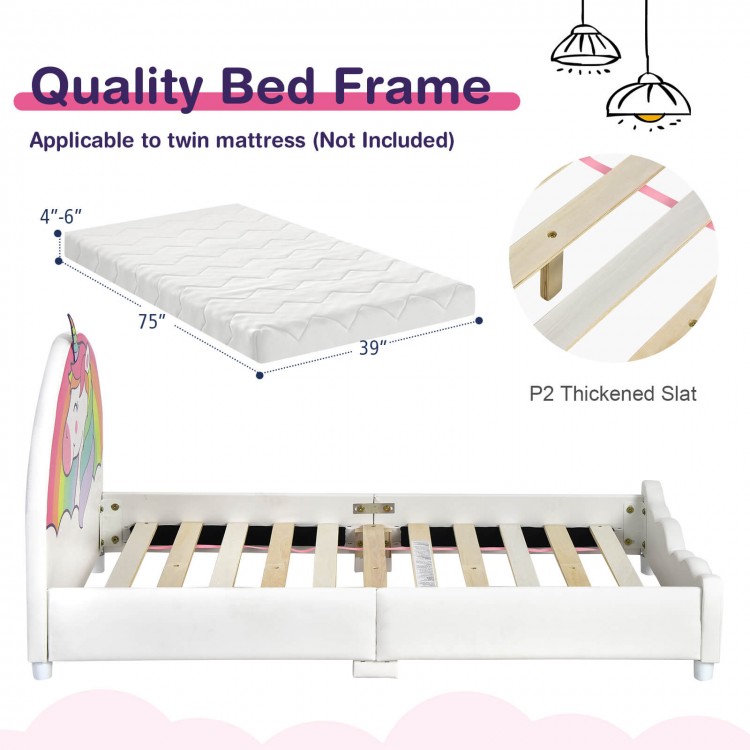 Children's twin size upholstered platform bed frame with a padded headboard and sturdy wooden slats for safety and.