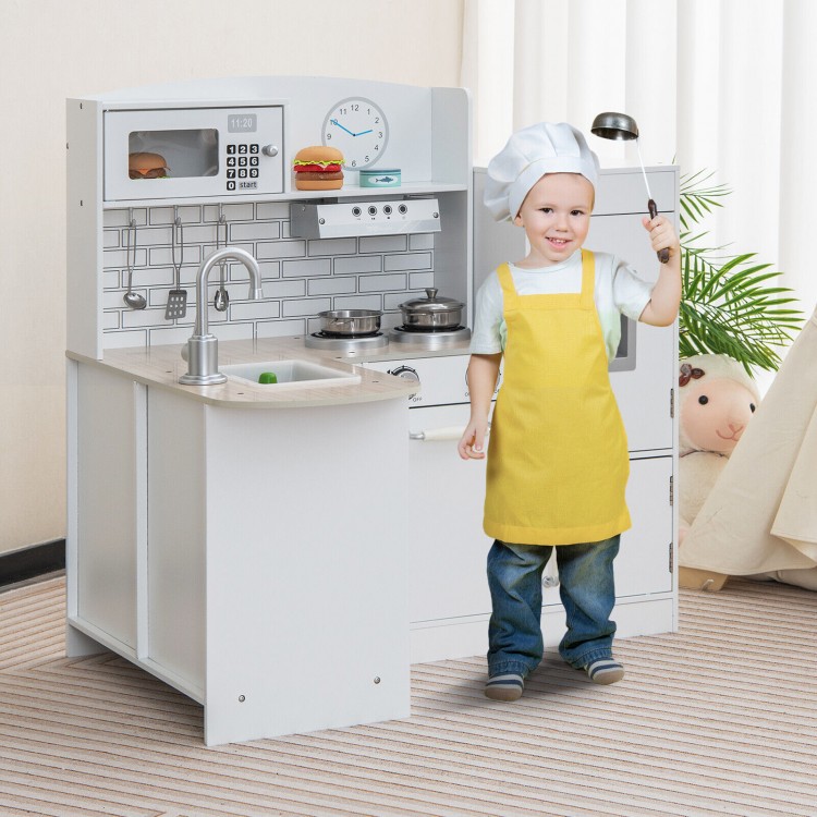 Kids kitchen playset featuring a stove, sink, and refrigerator in black and white for realistic cooking fun.