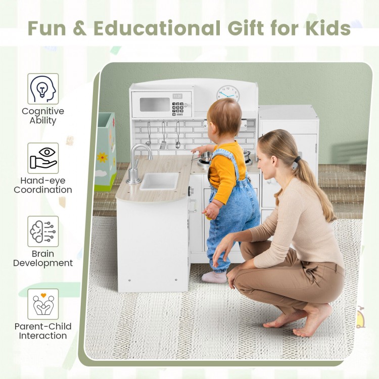 Kids kitchen playset featuring a realistic microwave, oven stove, and sink in a compact L-shaped design for imaginative.