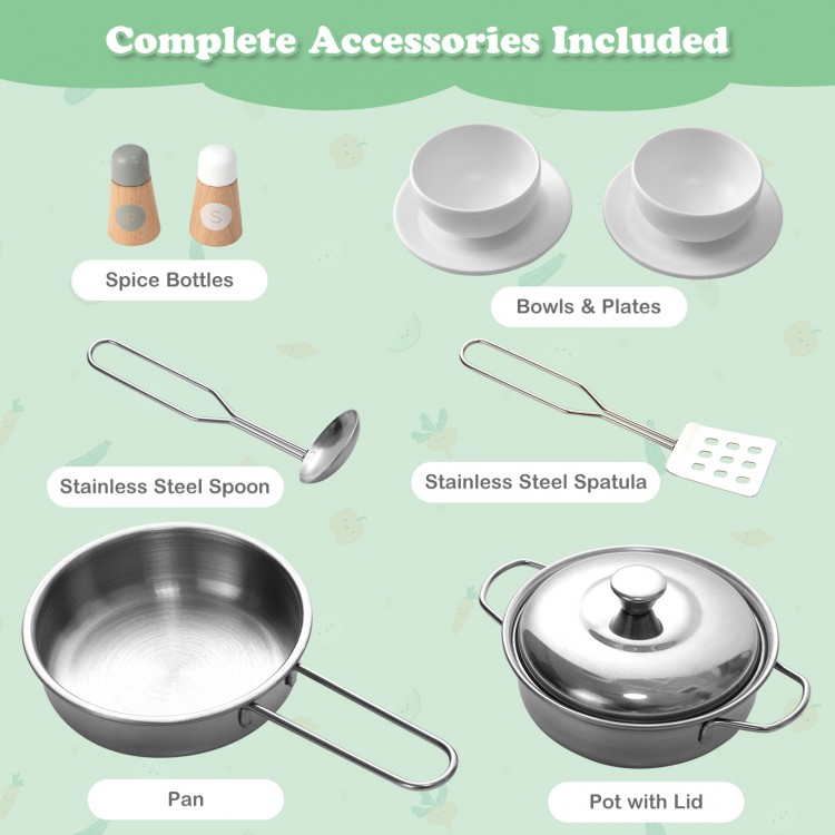 Stainless steel pan, pot with lid, bowls, plates, and utensils for the Double Sided Kids Pretend Kitchen Playset.