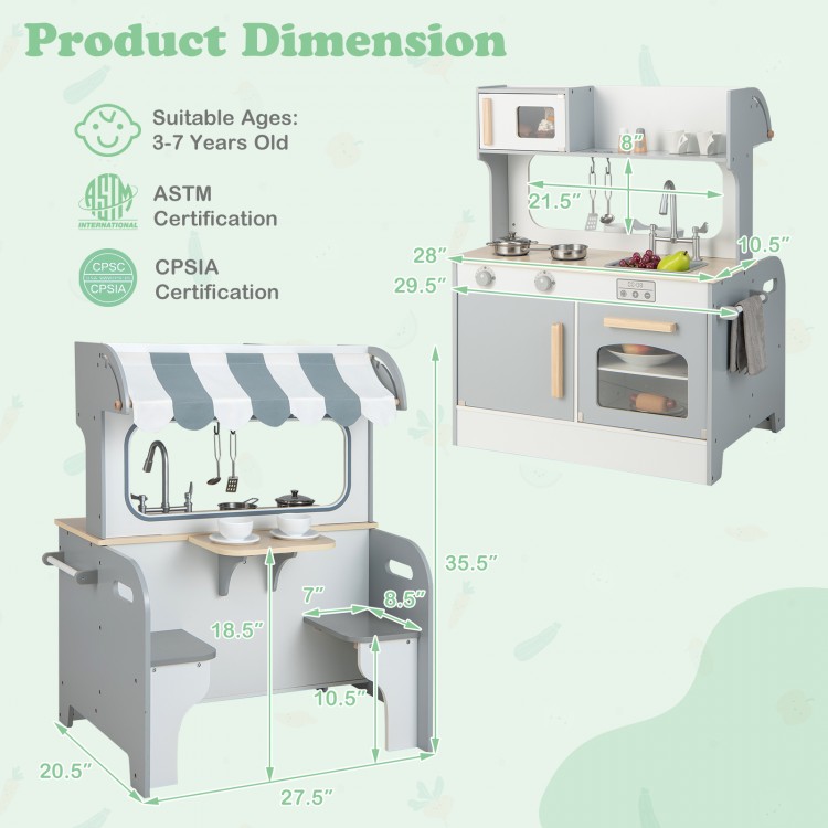 Double-sided kids pretend kitchen playset in gray with 2-seat cafe, featuring realistic cooking accessories and ample.