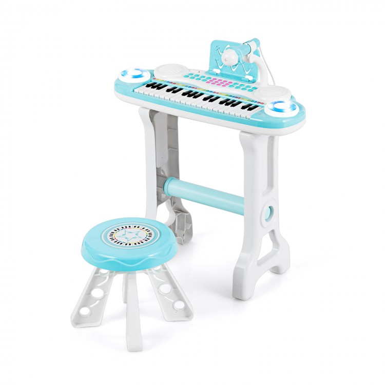 Close-up of the eco-friendly ABS material on the 37-key kids electronic piano keyboard playset in blue, ensuring safe.