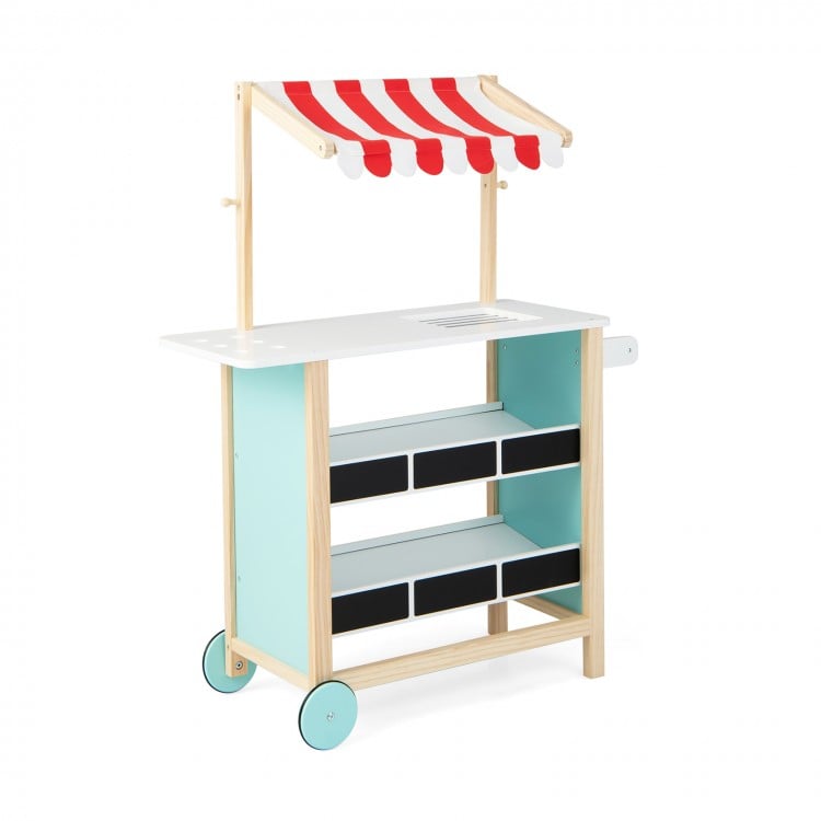 Kids wooden ice cream cart with red-striped canopy, chalkboard, and storage shelves for imaginative play and easy.