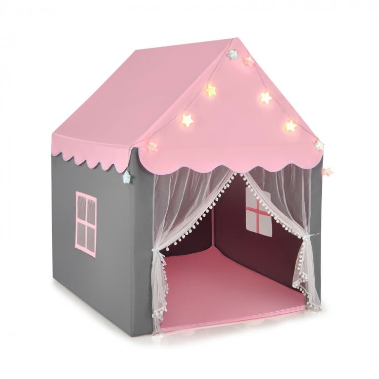 Kids playhouse tent in pink with star lights, mesh windows, and a comfortable mat for indoor fun and cozy playtime.