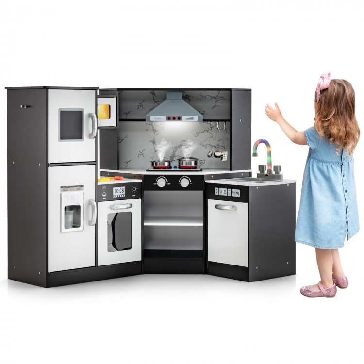 Kids Corner Pretend Kitchen Playset with washing basin, stovetop, and accessories for imaginative play in limited space.