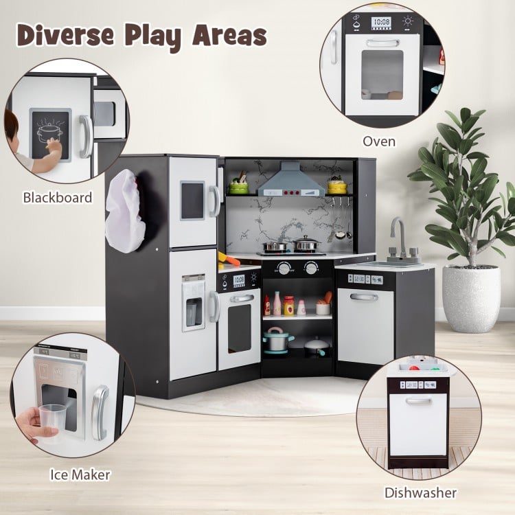 Kids Corner Pretend Kitchen Playset featuring a separated washing basin, oven, and blackboard for imaginative play.