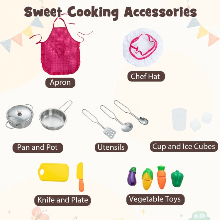 Kids Corner Pretend Kitchen Playset with apron, chef hat, pan, pot, utensils, and vegetable toys for imaginative play.