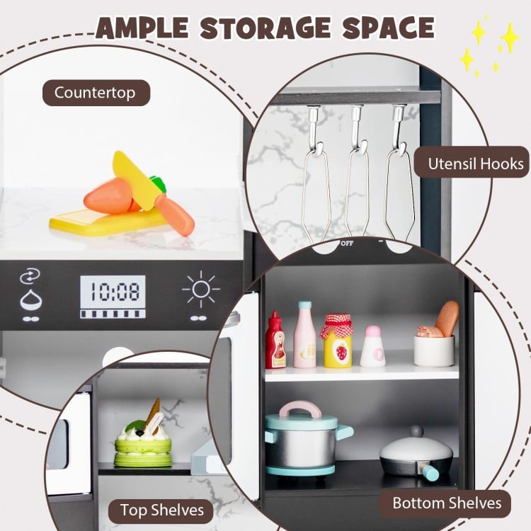 Kids Corner Pretend Kitchen Playset showing ample storage space with utensil hooks and shelves for imaginative play.