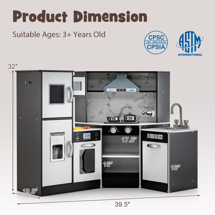 Kids Corner Pretend Kitchen Playset with washing basin, real sound effects, and ample storage for imaginative play.