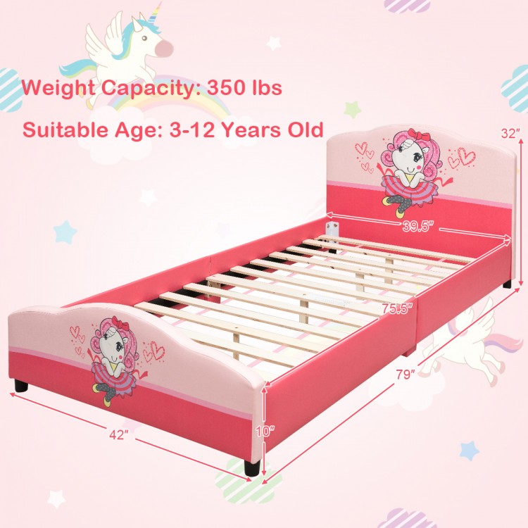 Kids upholstered platform toddler bed with cute patterns, robust MDF construction, and height-adjustable feet for.