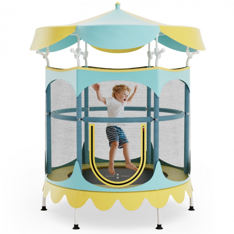 Kids trampoline with detachable yellow canopy and safety enclosure net, designed for indoor and outdoor fun.