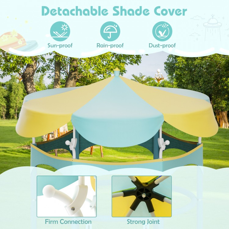 64-inch kids trampoline with yellow detachable canopy, safety enclosure net, and sturdy construction for outdoor fun.
