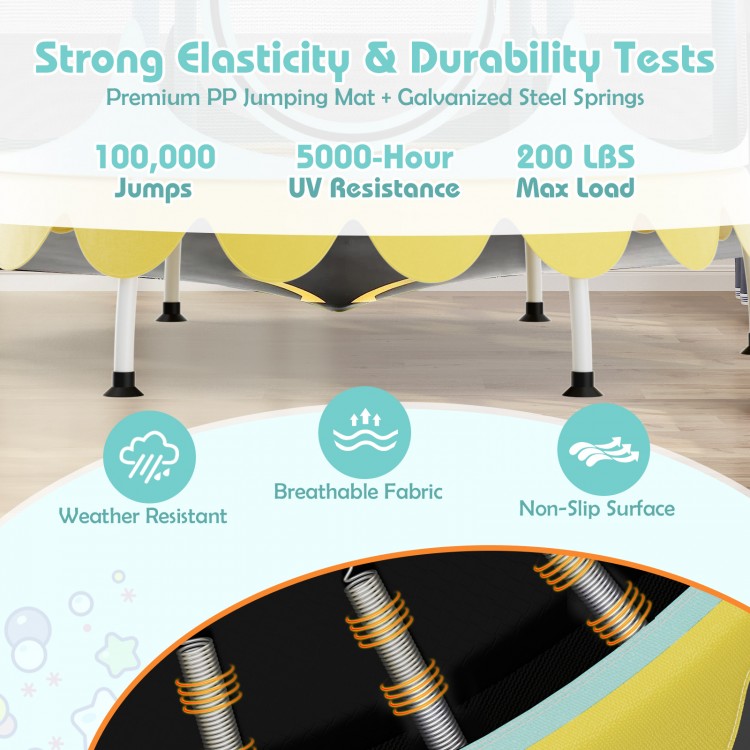 64-inch kids trampoline in yellow with detachable canopy, safety enclosure net, and durable galvanized steel springs.