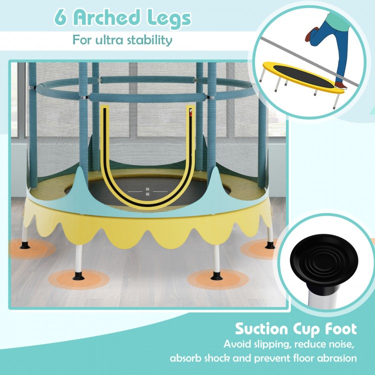 64-inch kids trampoline in yellow with detachable canopy, safety enclosure net, and 6 arched legs for stability.