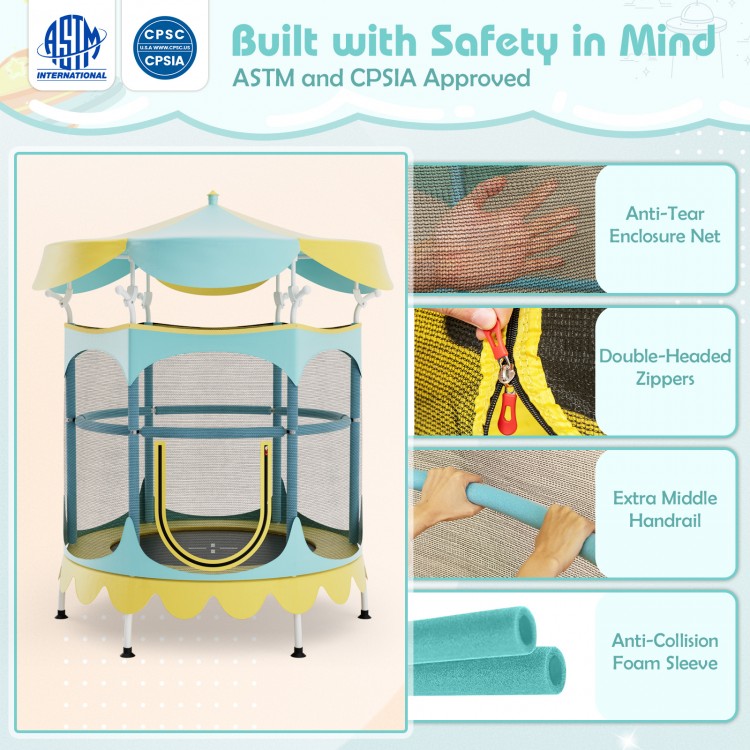 64-inch kids trampoline with detachable yellow canopy, safety enclosure net, and foam-wrapped handrail for secure play.