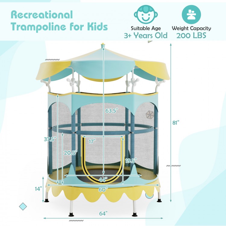 64-inch kids trampoline in yellow with detachable canopy, safety enclosure net, and foam-wrapped handrail for secure.