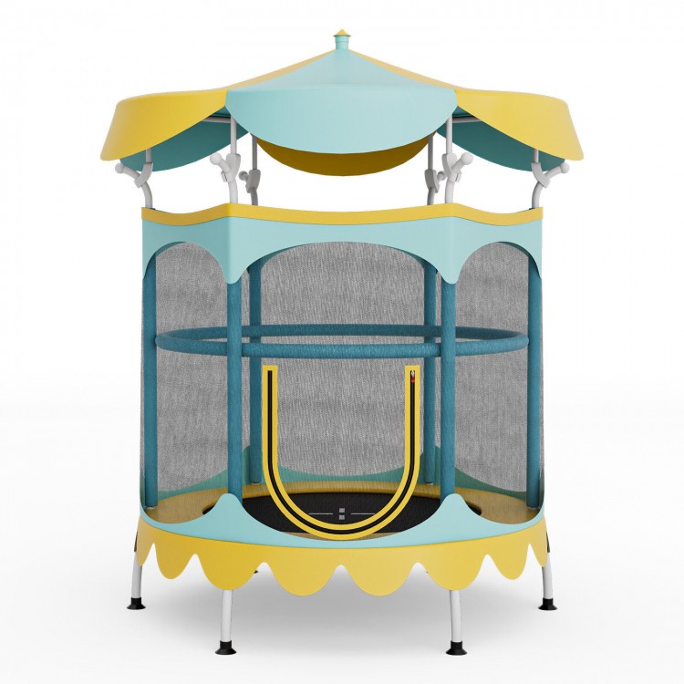 64-inch kids trampoline with yellow detachable canopy and safety enclosure net, perfect for indoor and outdoor fun.