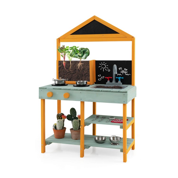 Kids kitchen playset featuring a root viewer planter, stoves, and chalkboards for imaginative cooking and play.