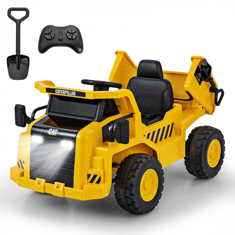 Bright yellow 12V Caterpillar kids ride-on dump truck with LED headlights and tiltable bump bed for outdoor fun.