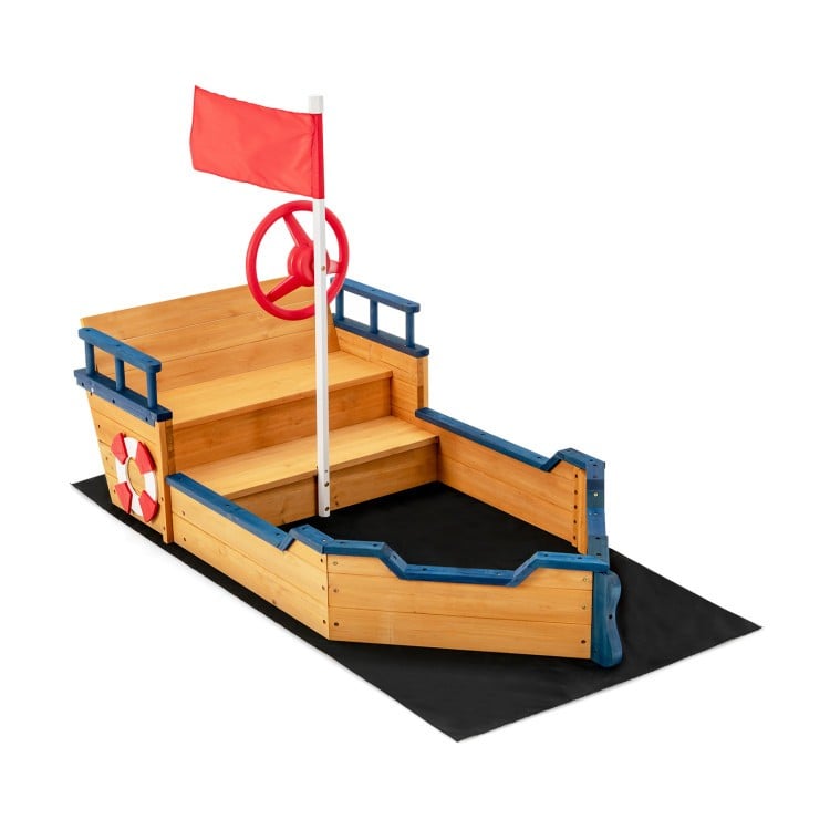 Kids pirate boat wooden sandbox playset with lifebuoy, rudder, and hidden storage for outdoor fun and safety.
