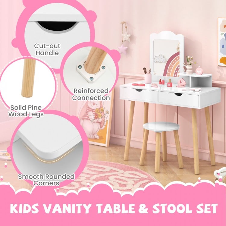 Kids vanity table and stool set in white with removable mirror, large storage drawers, and solid pine wood legs for.