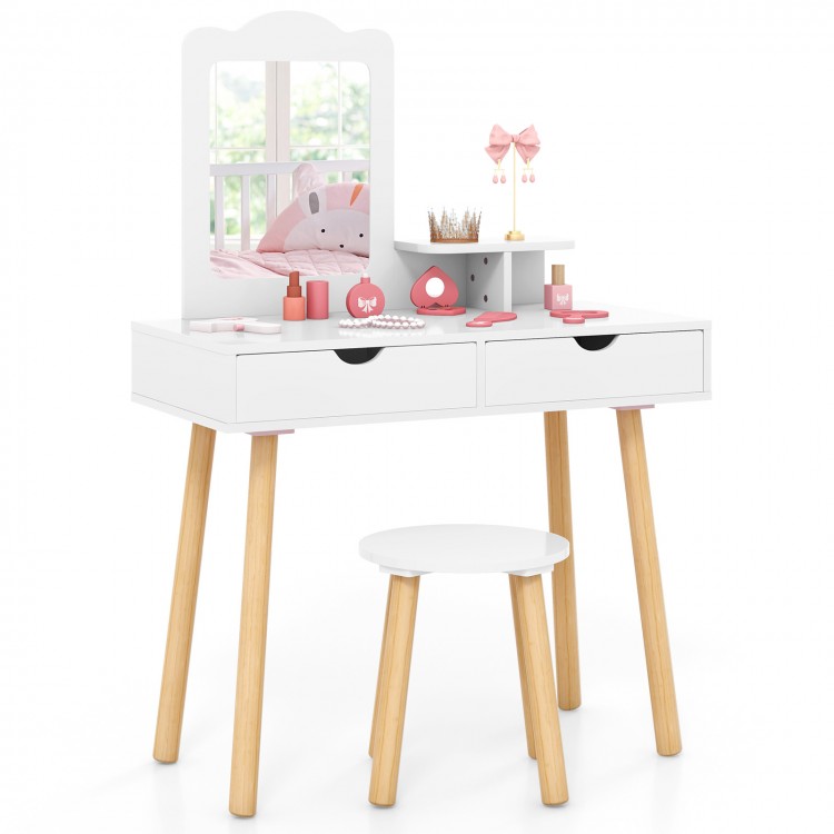 Kid vanity table set in white with mirror and two large storage drawers, perfect for kids aged 3 to 7 years.