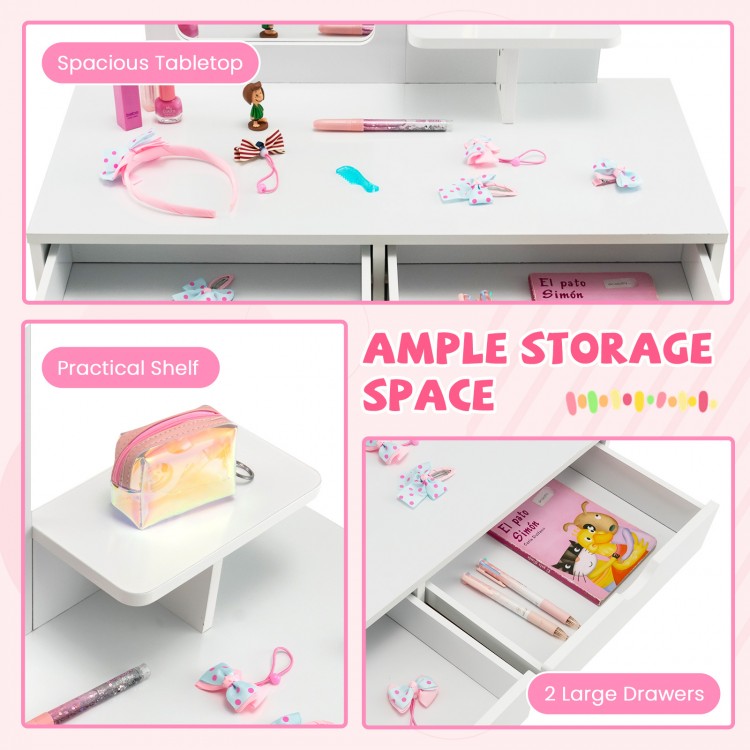 Kid vanity table set with removable mirror, spacious white tabletop, and 2 large storage drawers for organized play.