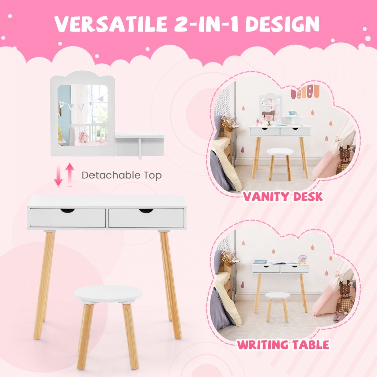 Kid vanity table set in white with removable mirror, large storage drawers, and sturdy pine wood legs for versatile use.