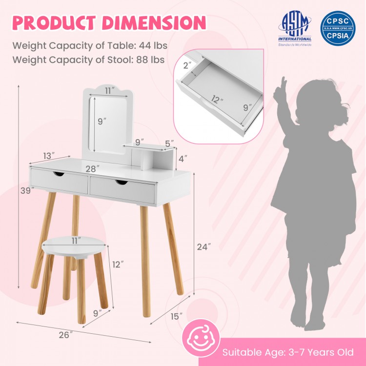 Kid vanity table set in white with mirror, large storage drawers, and sturdy pine legs for kids aged 3-7 years.