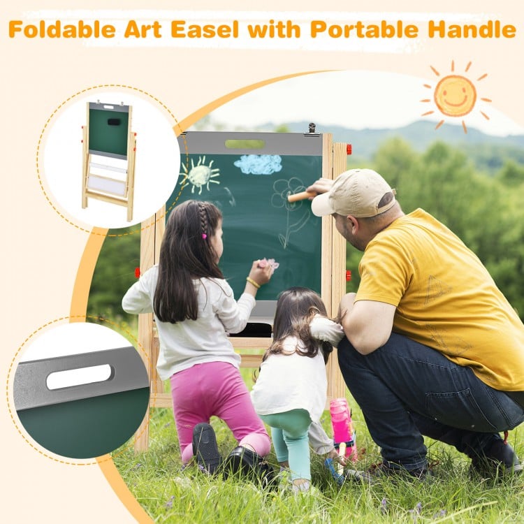 Kids art easel with double-sided chalkboard and whiteboard, featuring a portable handle for easy storage and transport.
