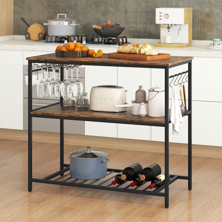 Industrial kitchen island with rustic brown shelves, wine rack, and metal frame, perfect for prep and storage.