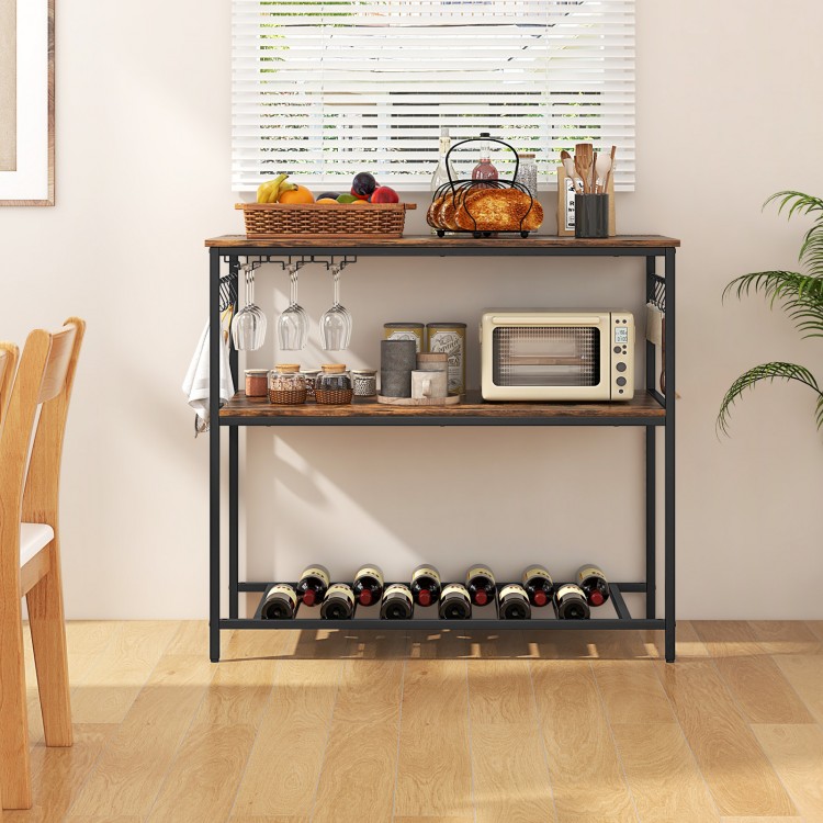 Industrial kitchen island with rustic brown top, featuring 3 shelves and a wine rack for versatile storage and prep.